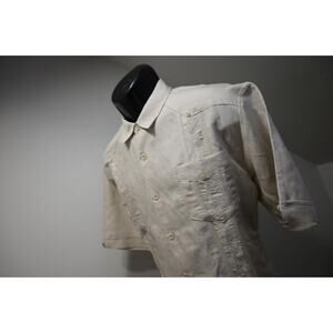 Cubavera Hawaiian Cargo Shirt Beige Ramie Viscose Relaxed Mens Size Medium